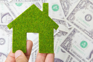A green grass home icon cutout with money in the background
