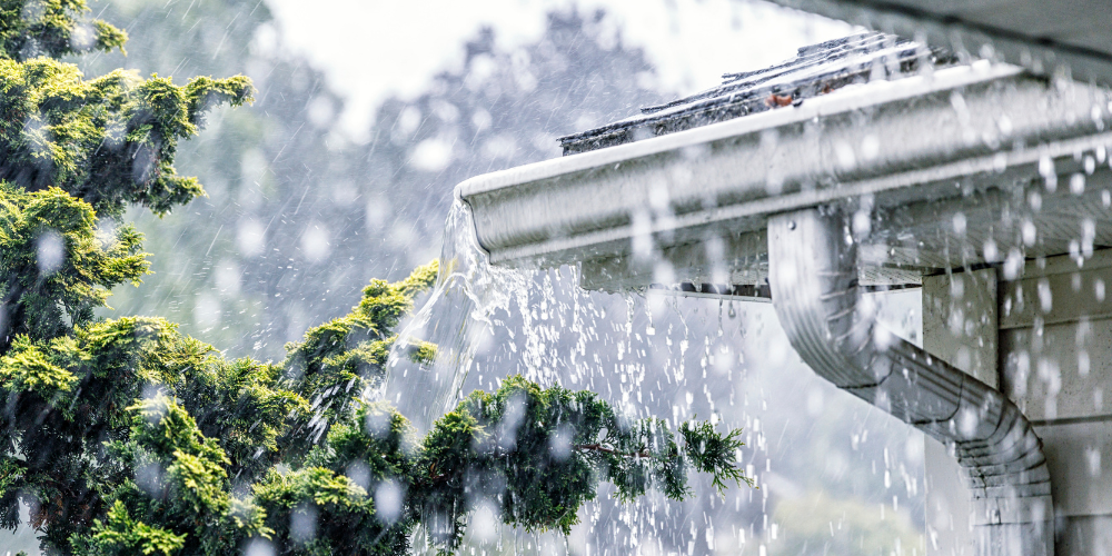 Rain pouring from Roof and Gutters on home - Spring Storm Prep for HVAC, Plumbing & Electrical Systems - Black Diamond Plumbing & Mechanical