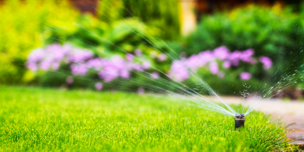 Sprinkler spraying water on grassy lawn with landscaping and flowers in the background - Three Common Summer Plumbing Problems in the Midwest - Black Diamond Plumbing & Mechanical