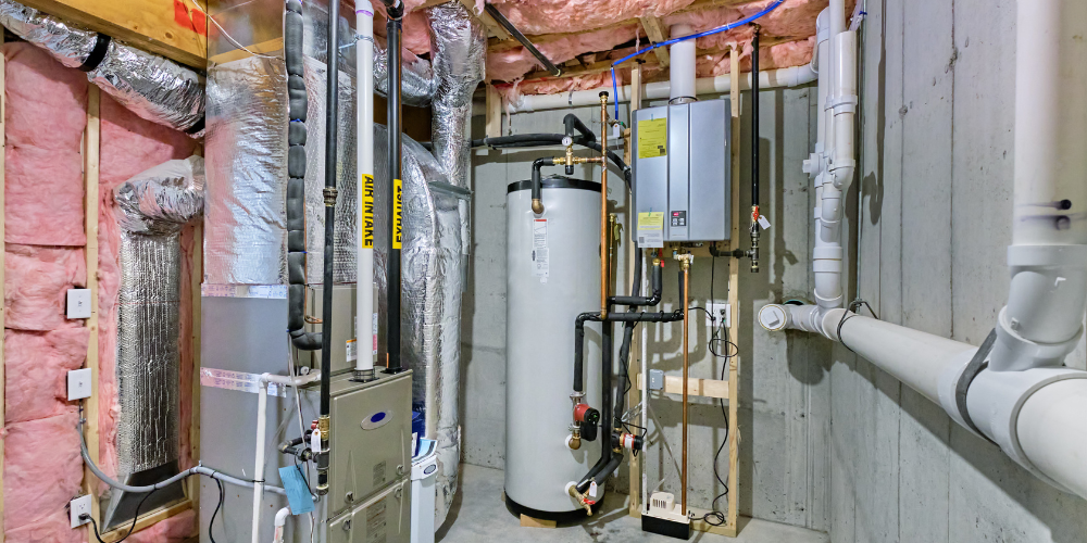 Basement equipment room that houses the HVAC furnace, electrical breaker box and water softener - How Can I Tell if My HVAC System is Oversized or Undersized - Black Diamond Plumbing & Mechanical